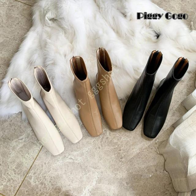 ブーツ レディース スクエアトゥ ショートブーツ 本革 バックファスナー 太ヒール チャンキーヒール 痛くない ショート ブーツ 低反発 ウエスタンブーツ