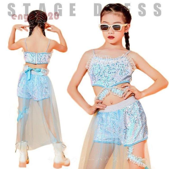 キッズ ダンス衣装 セットアップ スパンコール チアガール ヒップホップ 女の子 トップス ズボン ジャズダンス 子供 ステージ衣装 応援団 発表会 120-170cm