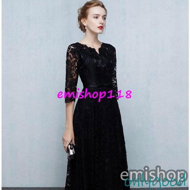 ロング丈レースドレス黒ブラック着痩せ7分袖パーティードレス結婚式二次会ドレスロングドレスワンピースレース_1