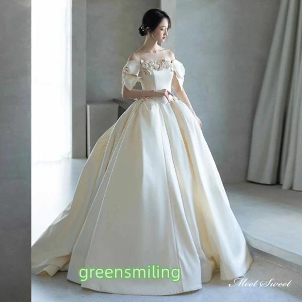 ウェディングドレス ウエディングドレス ロングドレス 二次会 結婚式 前撮り ブライダル 花嫁 オフショルダー リボン サテン 編み上げ プリンセスドレス