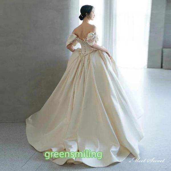 ウェディングドレス ウエディングドレス ロングドレス 二次会 結婚式 前撮り ブライダル 花嫁 オフショルダー リボン サテン 編み上げ プリンセスドレス_3