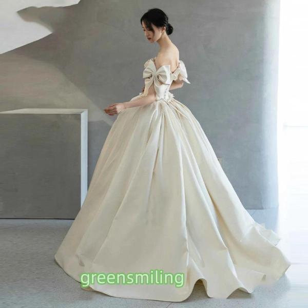 ウェディングドレス ウエディングドレス ロングドレス 二次会 結婚式 前撮り ブライダル 花嫁 オフショルダー リボン サテン 編み上げ プリンセスドレス_4