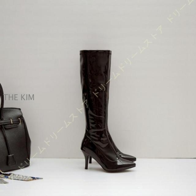 ロングブーツ レディース ピンヒール ニーハイブーツ ハイヒール ポインテッドトゥ 8.5cm ヒール ロングブーツ エナメル 黒 白 赤 ファッション サイドジップ