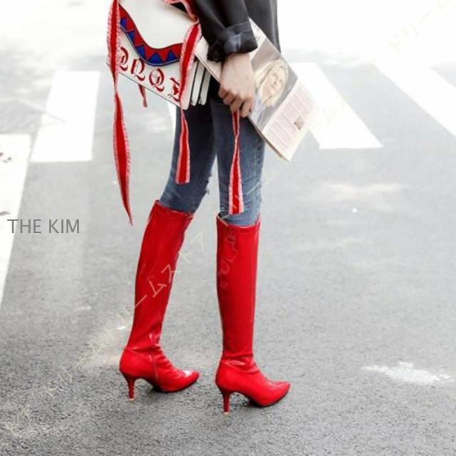 ロングブーツ レディース ピンヒール ニーハイブーツ ハイヒール ポインテッドトゥ 8.5cm ヒール ロングブーツ エナメル 黒 白 赤 ファッション サイドジップ
