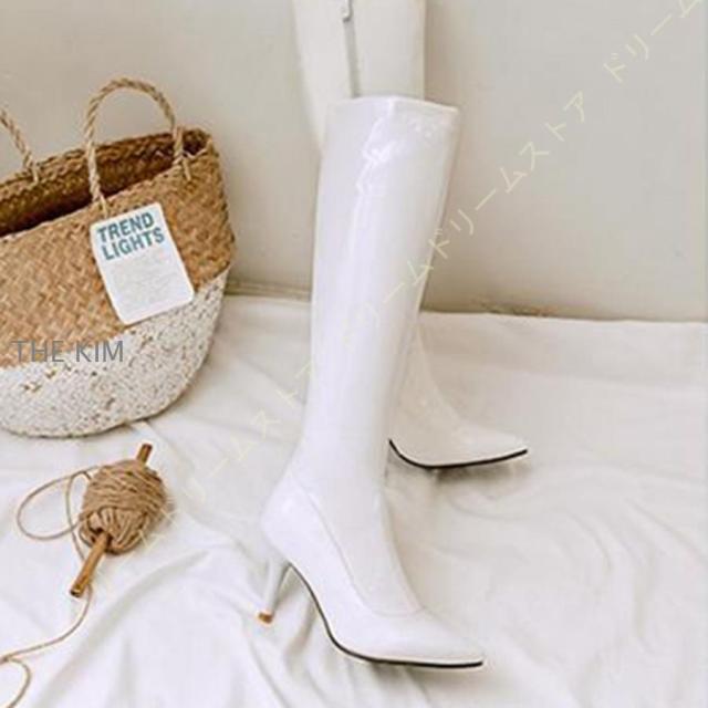ロングブーツ レディース ピンヒール ニーハイブーツ ハイヒール ポインテッドトゥ 8.5cm ヒール ロングブーツ エナメル 黒 白 赤 ファッション サイドジップ