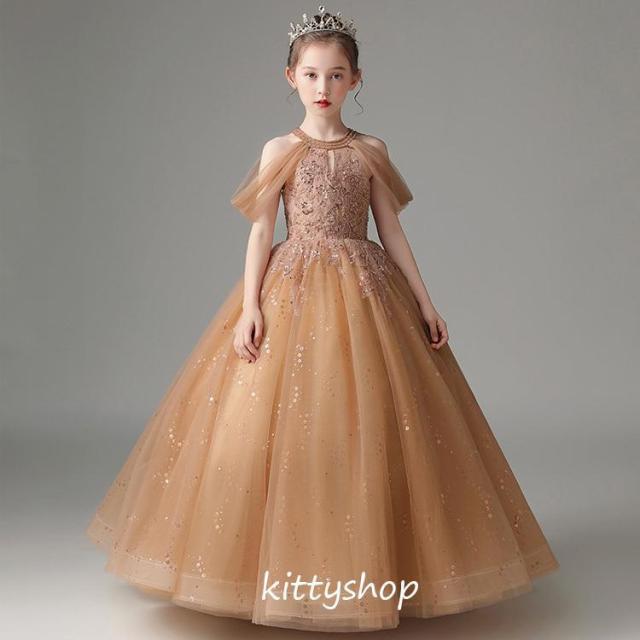 子供ドレス ロングドレス ピアノ発表会 ドレス ホルターネック オフショルダー 女児ドレス ベージュ ピンク ブルー 演奏会ドレス 女の子