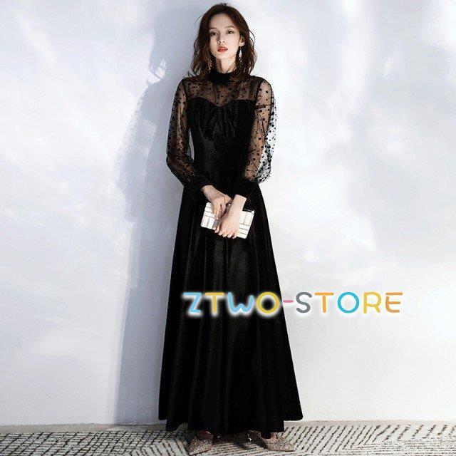パーティードレス 結婚式 お呼ばれドレス 袖あり ロング ドレス シースルー袖 長袖 ロングドレス 黒 大きいサイズ 3L 4L 小さいサイズ 韓国