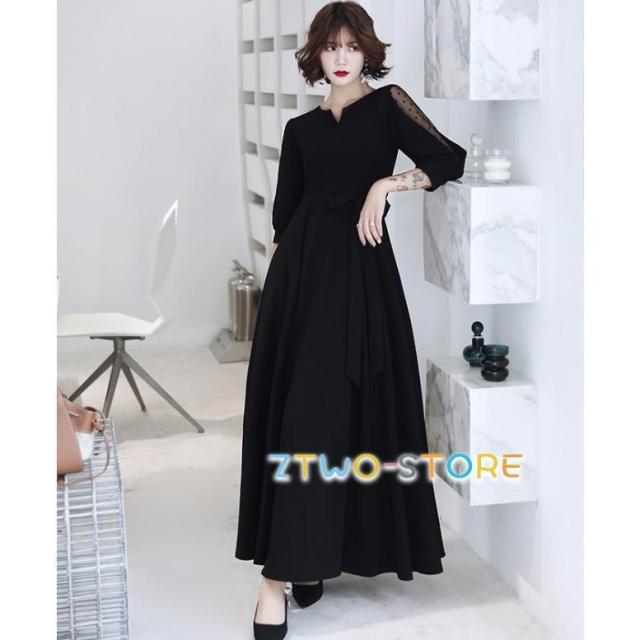 パーティードレス 結婚式 お呼ばれドレス ロングドレス 黒 レース袖 袖あり 五分袖 シアー袖 韓国 ドレス ロング 演奏会 大きいサイズ 3L 4L 上品