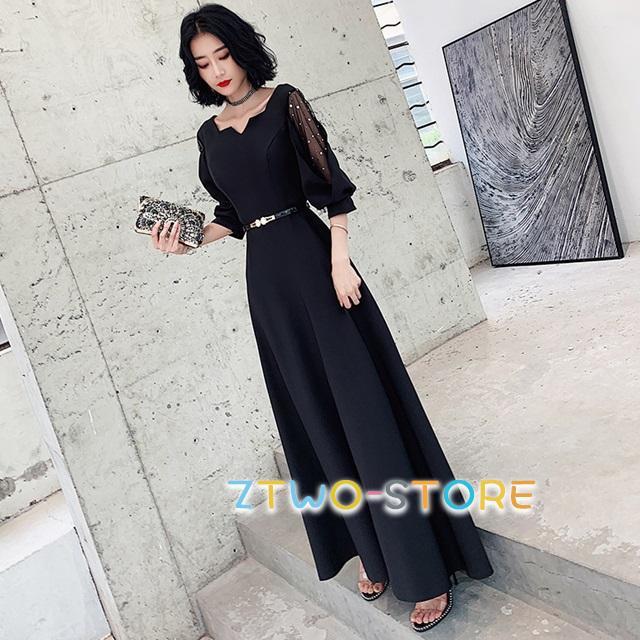 パーティードレス ロング 袖あり パーティードレス 大きいサイズ 3L 4L 結婚式 ワンピース 結婚式 ドレス 結婚式お呼ばれドレス ロングドレス 発表会 演奏会 黒