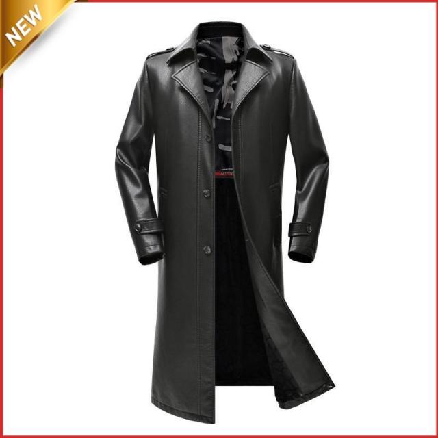 レザーコート　トレンチコート　膝丈　革　ロングコート　　革コート　ロング丈　　裏起毛　革ジャン　防寒　メンズ