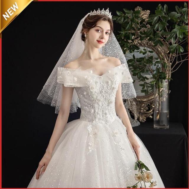 ウェディングドレス オフショルダー 白 花柄 ロングドレス Aライン 花嫁ドレス 結婚式ドレス スパンコール キラキラドレス ブライダルドレス