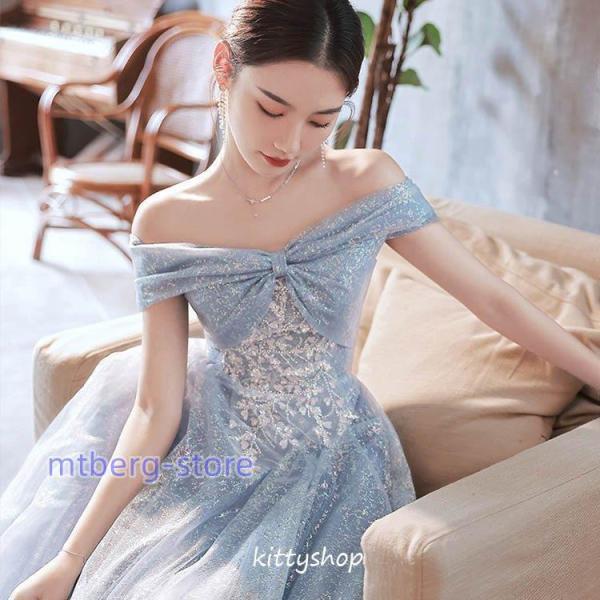 イブニングドレス オフショルダー ブルー ピンク 発表会ドレス ロングドレス ボートーネック リボン オシャレ 結婚式ドレス 二次会ドレス お呼ばれドレス 20代_8