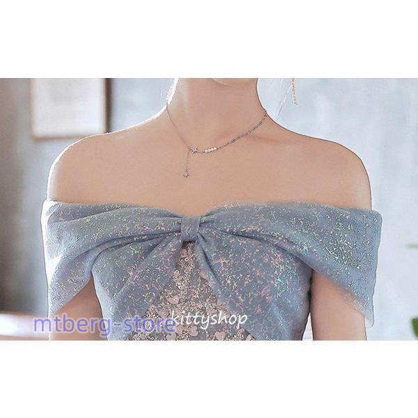イブニングドレス オフショルダー ブルー ピンク 発表会ドレス ロングドレス ボートーネック リボン オシャレ 結婚式ドレス 二次会ドレス お呼ばれドレス 20代_9