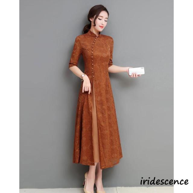 チャイナドレス ロング チャイナドレス風ワンピース アオザイ レース チャイナ服 五分袖 大きいサイズ お洒落 パーティー 結婚式 ドレス コスプレ_10
