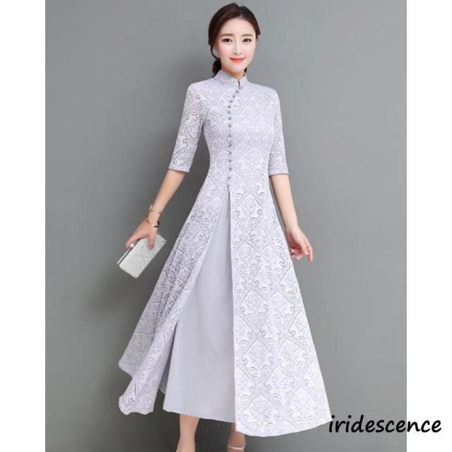 チャイナドレス ロング チャイナドレス風ワンピース アオザイ レース チャイナ服 五分袖 大きいサイズ お洒落 パーティー 結婚式 ドレス コスプレ_6