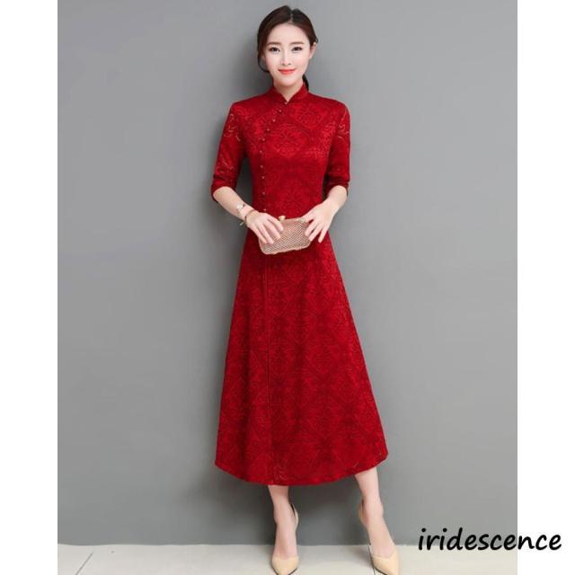 チャイナドレス ロング チャイナドレス風ワンピース アオザイ レース チャイナ服 五分袖 大きいサイズ お洒落 パーティー 結婚式 ドレス コスプレ_8