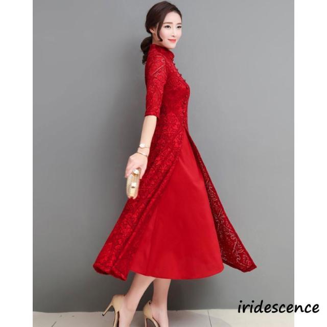 チャイナドレス ロング チャイナドレス風ワンピース アオザイ レース チャイナ服 五分袖 大きいサイズ お洒落 パーティー 結婚式 ドレス コスプレ_9