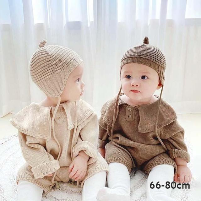 ベビー ロンパース カバーオール 春 秋 冬 長袖 男の子 女の子 ボンネット ベビーラウンドカラーニットオールインワンセット 338