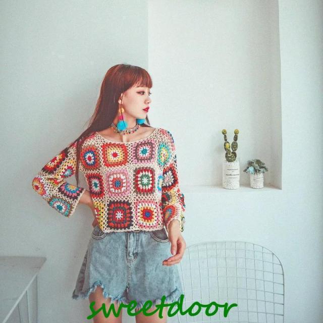 レディース セーター ニット 手編み かぎ編み モチーフ 長袖 フリーサイズ ベージュ レッド ブラック