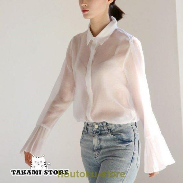 シースルー シャツ トップス レディース 長袖 シアーシャツ フレア袖 フリル 白 ホワイト ピンク ブルー 透け感 肌見せ 通勤服 春 夏