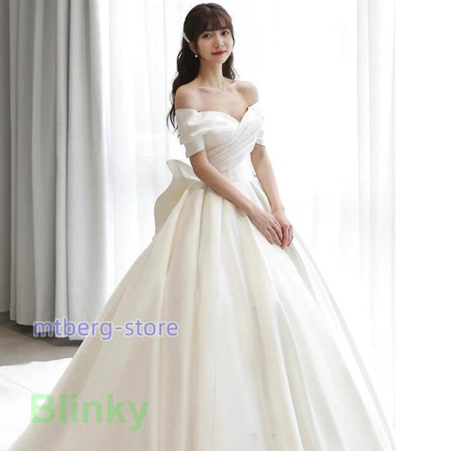 ウェディングドレス 二次会 結婚式 ブライダル Aラインドレス サテン オフショルダー 前撮り 挙式 花嫁 ウエディングドレス リボン プリンセス シンプル