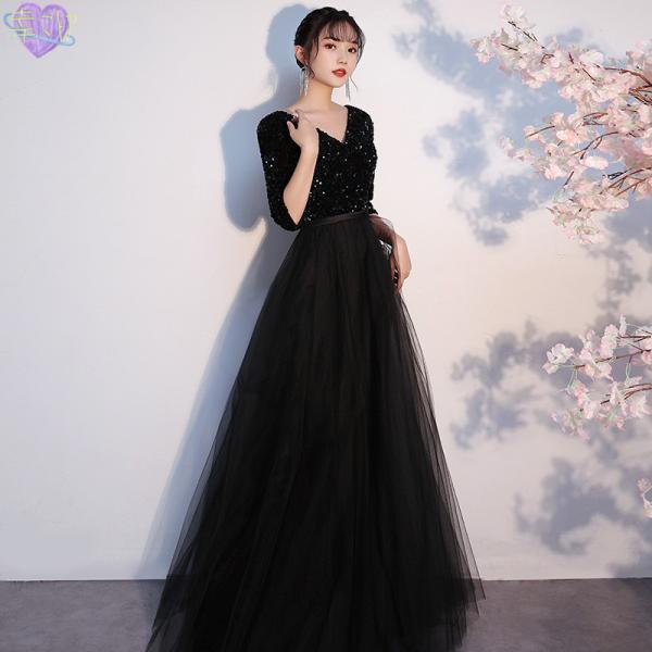 イブニングドレス 黒 ベロア ベルベット ロングドレス ブラック 紗 チュール ドッキング オシャレ 成人式ドレス 20代 結婚式ドレス Aライン