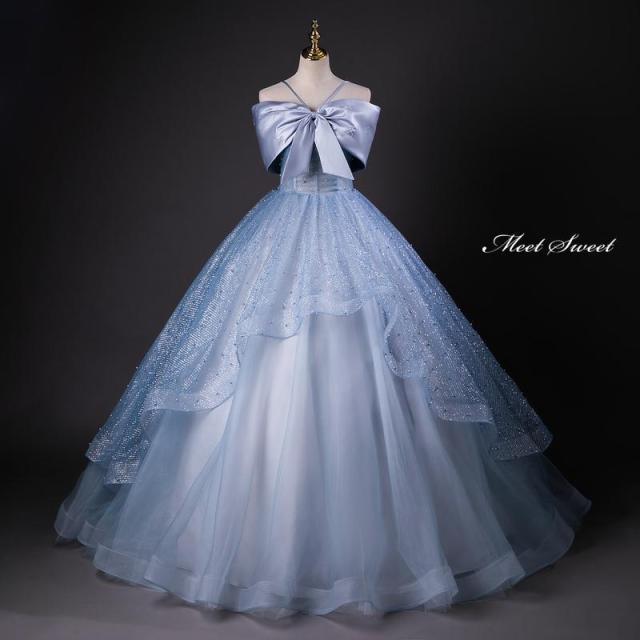 カラードレス プリンセスライン ロングドレス ブルー フリル リボン パール ウェディングドレス 結婚式 二次会 花嫁 前撮り 演奏会 発表会 ステージ衣装