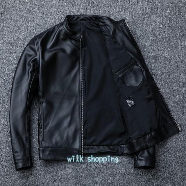 革ジャン レザー 本革 バイク ライダース 羊革 シングル ショート スリムタイプ 細身 ミリタリー レザーコート_2