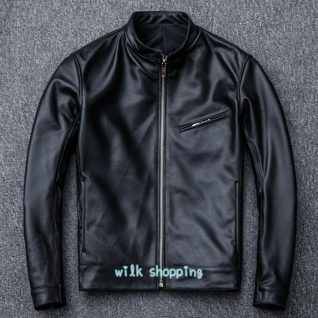 革ジャン レザー 本革 バイク ライダース 羊革 シングル ショート スリムタイプ 細身 ミリタリー レザーコート_3