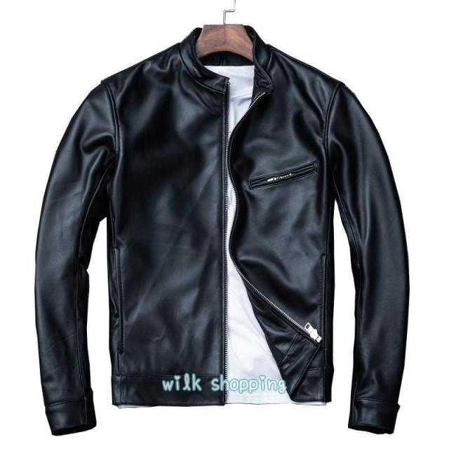 革ジャン レザー 本革 バイク ライダース 羊革 シングル ショート スリムタイプ 細身 ミリタリー レザーコート_4