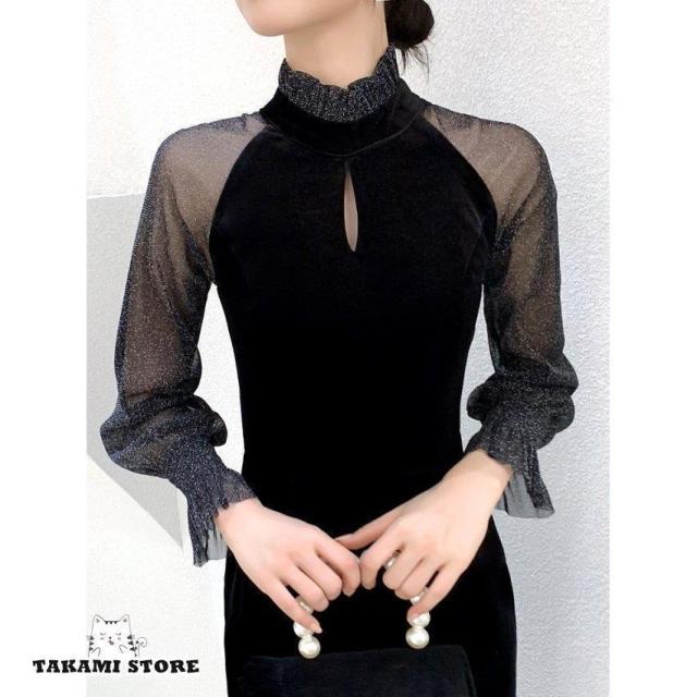 パーティードレス 結婚式 お呼ばれドレス 袖あり シースルー袖 長袖 黒 ミモレ丈 ミディアムドレス ワンピース フォーマル スタンドカラー 大きいサイズ 3L_9