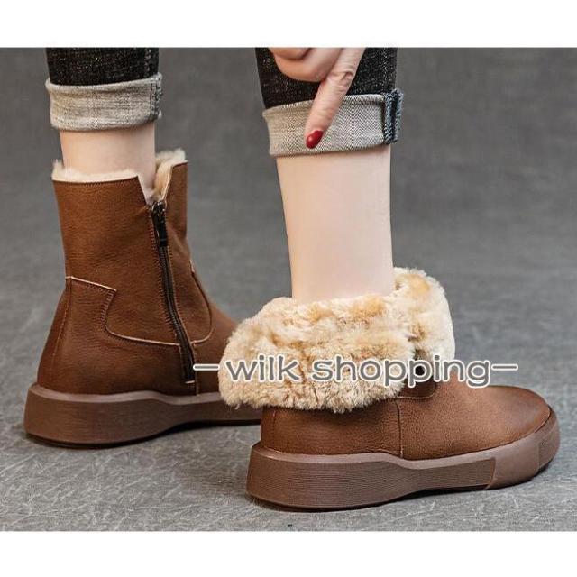 ショートブーツ レディース 本革 ボア 秋冬 裏起毛 サイドゴア ムートンブーツ 黒 紐なし 牛革 厚底 大きいサイズ 柔らかい 足が疲れない_4