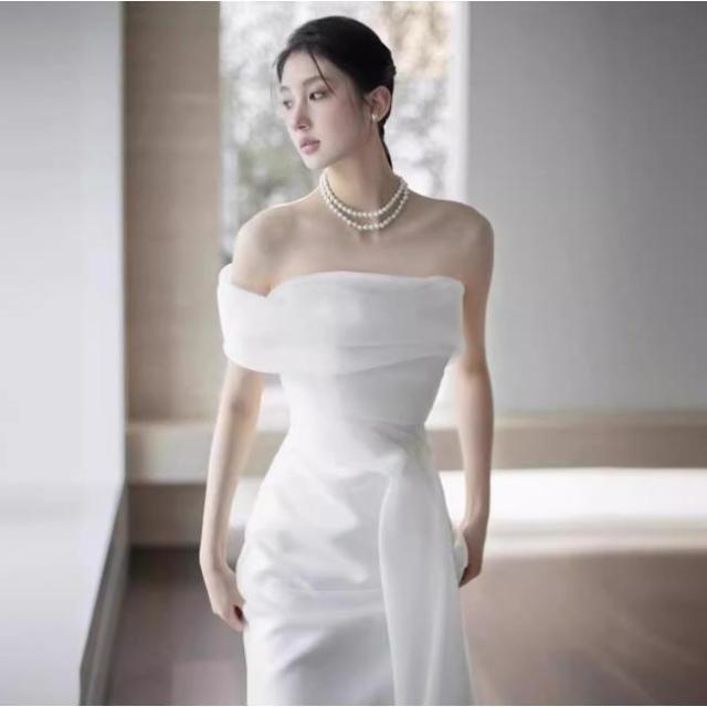 ウェディングドレス ウエディングドレス 二次会 結婚式 前撮り ブライダル ロングドレス 花嫁 スレンダードレス マーメイドドレス 白 キャミソール ファスナー_3
