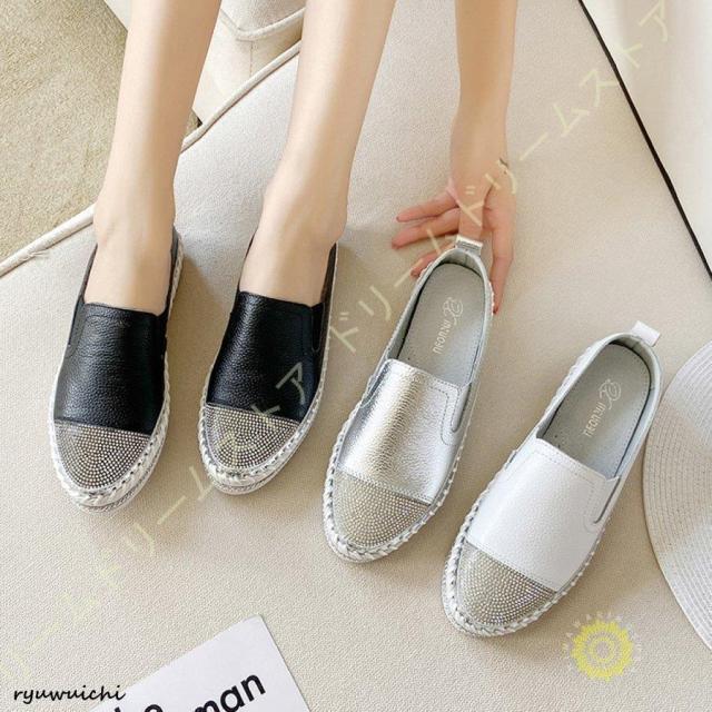 スリッポン スニーカー レディース 厚底 キラキラ ラインストーン 黒 白 大きいサイズ 牛革 カジュアル フラットシューズ ペタンコ おしゃれ 6,066円