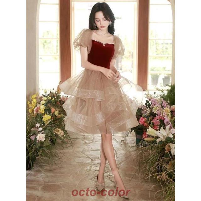 結婚式ドレス 二次会ドレス ベロア ベルベット フレア フリル ミモレ丈ドレス お呼ばれドレス 黒 ブラック 成人式ドレス パーティードレス 誕生日