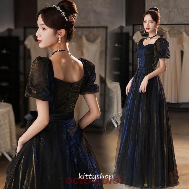 イブニングドレス ロングドレス 黒 パフスリーブ 発表会ドレス ロング丈 Aライン パーティードレス ブラック 結婚式ドレス 二次会ドレス オシャレ 演奏会ドレス