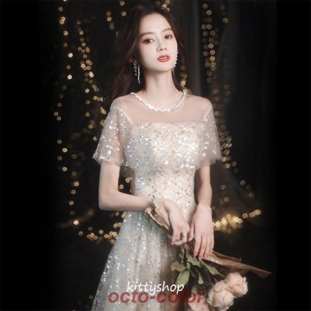 イブニングドレス キラキラドレス スパンコール ラインストーン キレイめ 発表会ドレス ロングドレス パーティードレス シャンパン色 結婚式ドレス 二次会