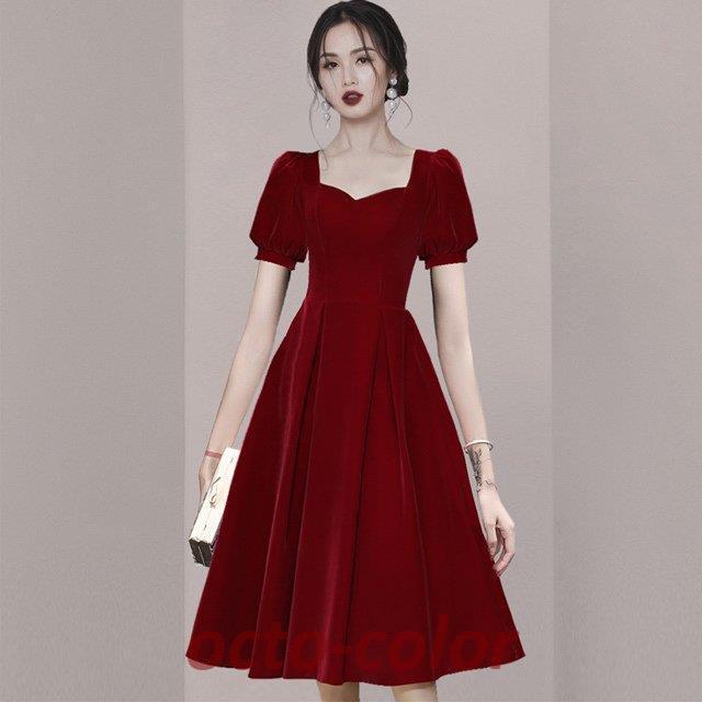 ベロア ベルベット Aラインワンピース ワイン赤 ワンピース ドレス 結婚式 デート お出かけ 20代 30代 ロングワンピース Aライン 半袖 パフスリーブ お嬢様