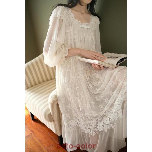 姫系 ネグリジェ 長袖 ワンピース パジャマ フリル レース ネグリジェ ロング ワンピース 姫系 フリル 刺繍 レース パジャマ レディース ネグリジェ ルームワ 姫系 ネグリジェ 長袖 ワンピース パジャマ フリル レース ネグリジェ