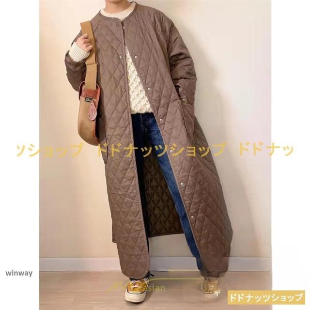 キルティングコート ダウンコート ロングコート ノーカラー 長袖アウター 中綿コート アウター 防寒 防風 30代40代50代 ポケット 秋冬コート 厚手 コート 大人_4