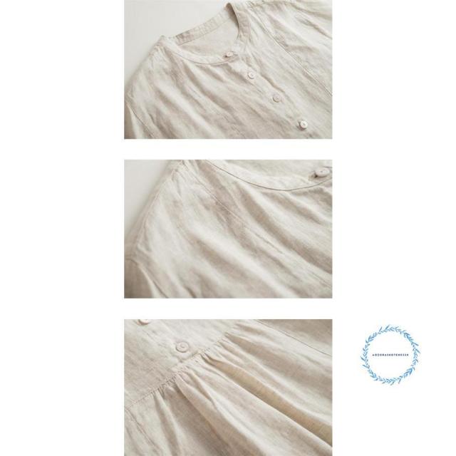 リネン100% シャツ ワンピース 春 夏 チュニックワンピース 麻 半袖 シャツワンピース ロング フレアワンピース チュニック バンドカラー ゆったり リネン 夏 無_11