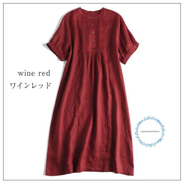 リネン100% シャツ ワンピース 春 夏 チュニックワンピース 麻 半袖 シャツワンピース ロング フレアワンピース チュニック バンドカラー ゆったり リネン 夏 無_6