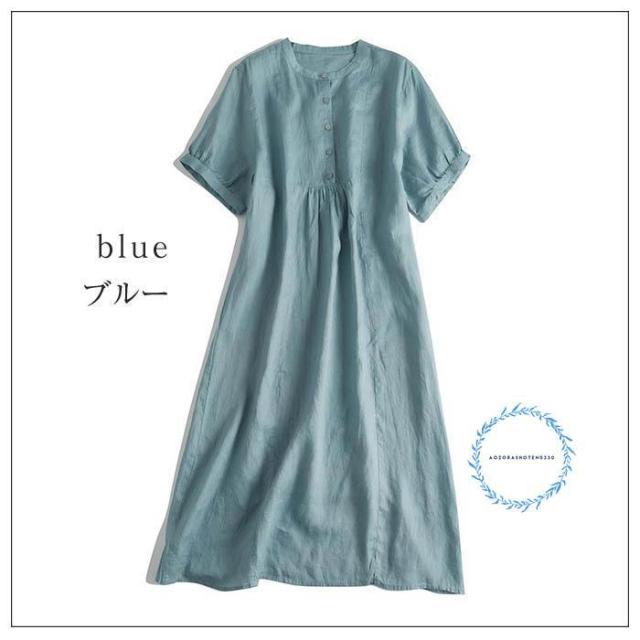 リネン100% シャツ ワンピース 春 夏 チュニックワンピース 麻 半袖 シャツワンピース ロング フレアワンピース チュニック バンドカラー ゆったり リネン 夏 無_8