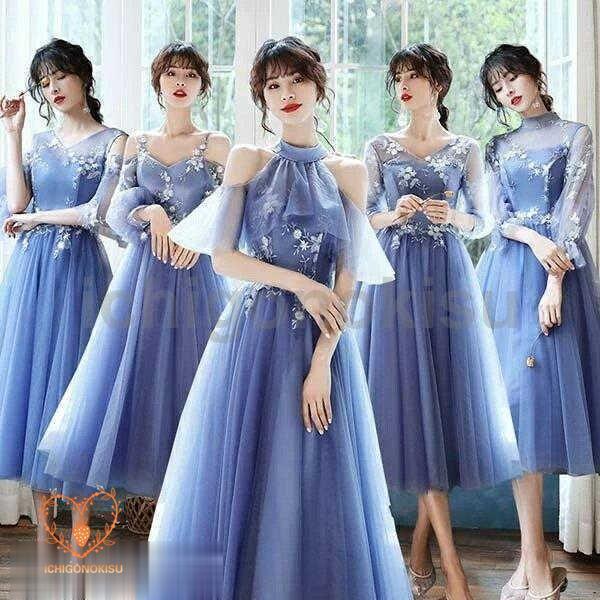 ブライズメイド ドレス ミモレ丈 小さいサイズ 大きいサイズ 二次会 結婚式 体型カバー 半袖 フリル 謝恩会 卒業式 花嫁 ピアノ 発表会 ドレス 演奏会 20代 30代