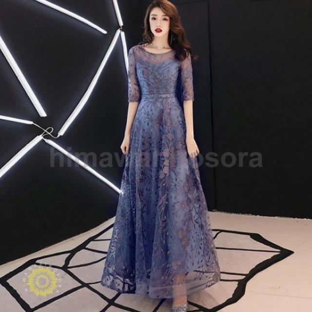 パーティードレス ロングドレス フォマール 結婚式 演奏会 袖あり ネイビー ブラック ロング丈 ワンピース レース 大人 上品 お呼ばれ 食事会 二次会_1
