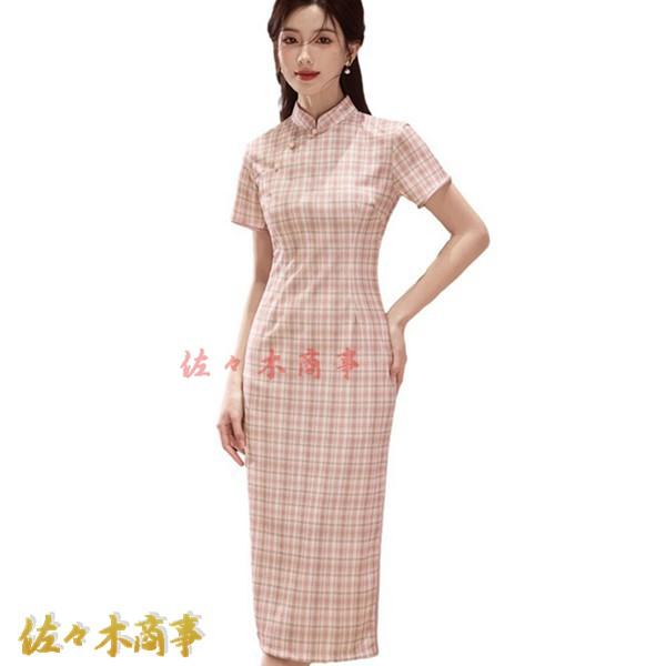 レディース チャイナドレス ワンピース チャイナ服 チェック柄 プリント ロング丈ドレス ファッション 優雅 可愛い チャイナ風 ドレス