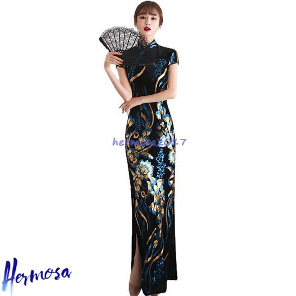 レディース ロング丈チャイナドレス チャイナ服 花柄 プリント ファッション 中華風 ドレス スリット アップグレード チーパウ 学園祭