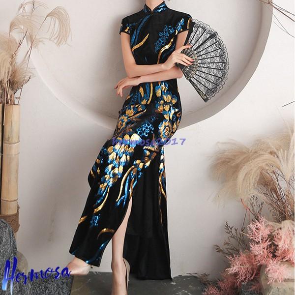レディース ロング丈チャイナドレス チャイナ服 花柄 プリント ファッション 中華風 ドレス スリット アップグレード チーパウ 学園祭_3