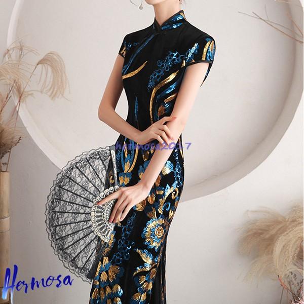 レディース ロング丈チャイナドレス チャイナ服 花柄 プリント ファッション 中華風 ドレス スリット アップグレード チーパウ 学園祭_4