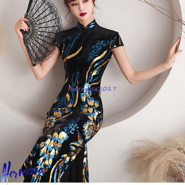 レディース ロング丈チャイナドレス チャイナ服 花柄 プリント ファッション 中華風 ドレス スリット アップグレード チーパウ 学園祭_5